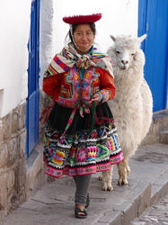 Mädchen mit traditioneller Tracht und Alpaka